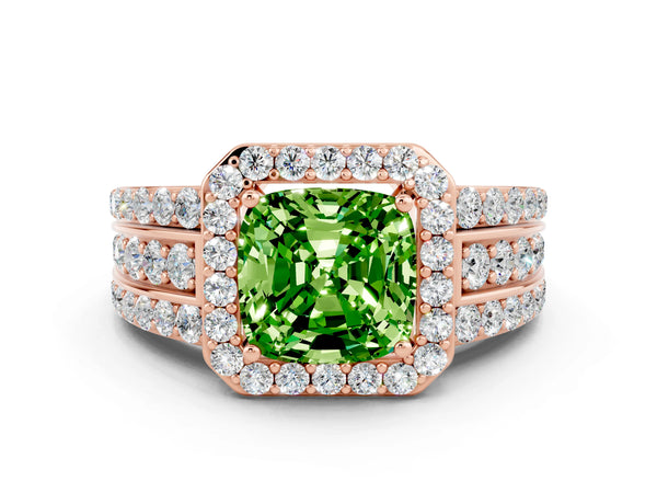 Rose gold Cushion Cut Halo Peridot Ring with Round  Split Shank and Prong Setting