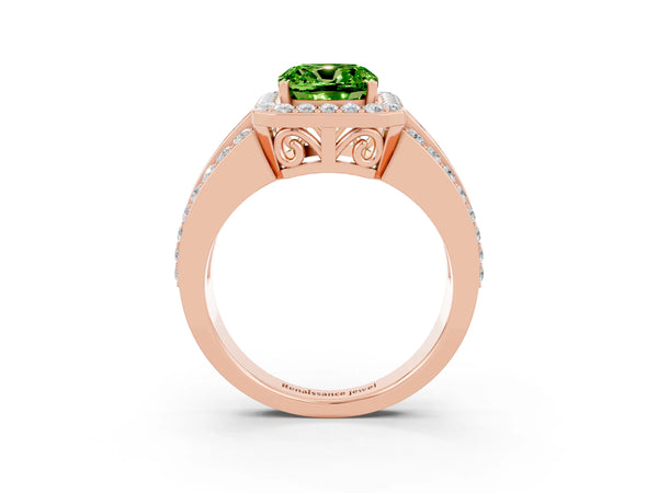 Rose gold Cushion Cut Halo Peridot Ring with Round  Split Shank and Prong Setting