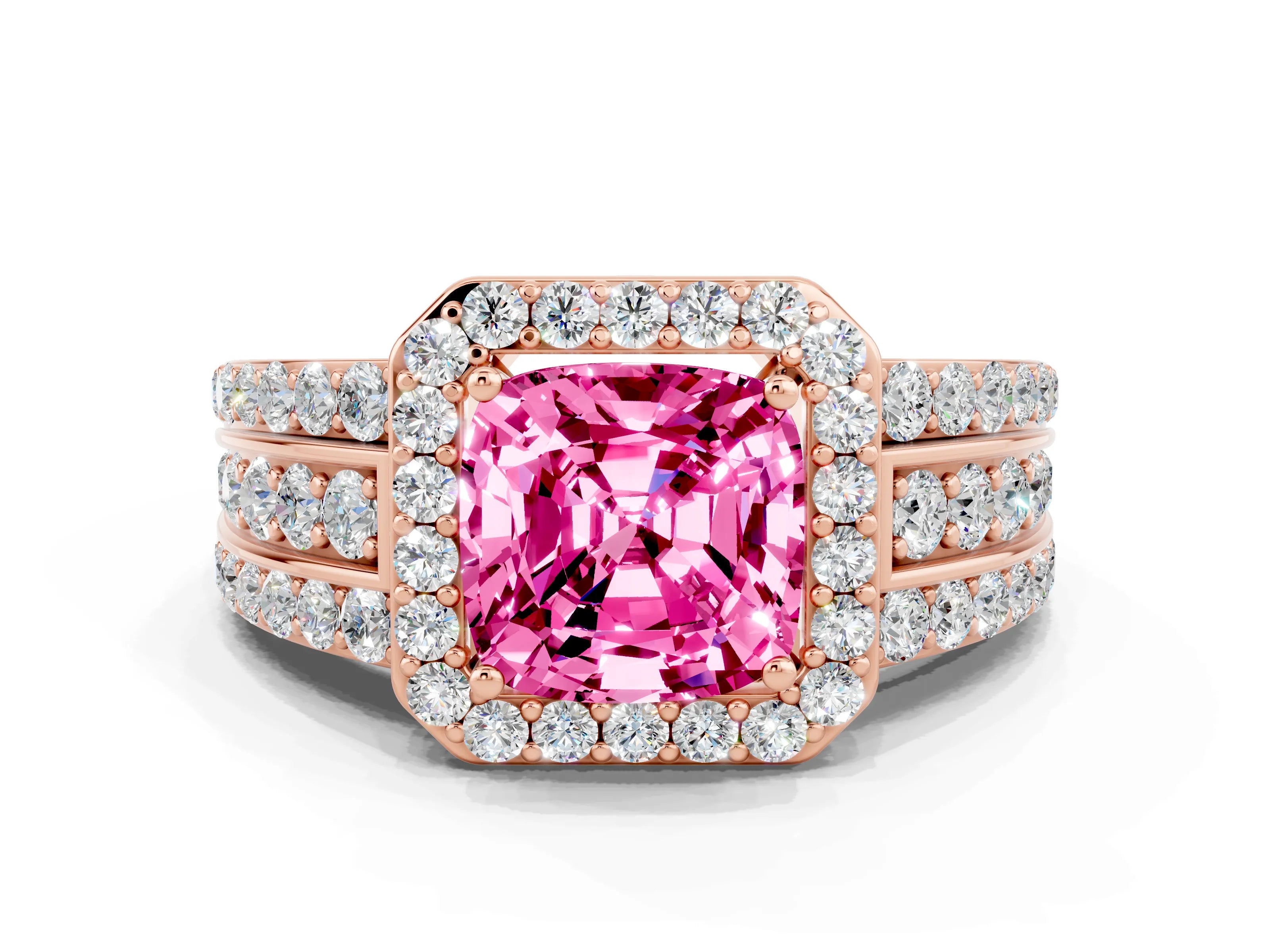 Rose gold Cushion Cut Halo Pink Sapphire Ring with Split Shank and Four-Prong Setting_24