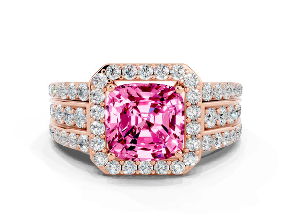 Rose gold Cushion Cut Halo Pink Sapphire Ring with Round  Split Shank and Prong Setting