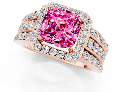 Rose gold Cushion Cut Halo Pink Sapphire Ring with Split Shank and Four-Prong Setting_25