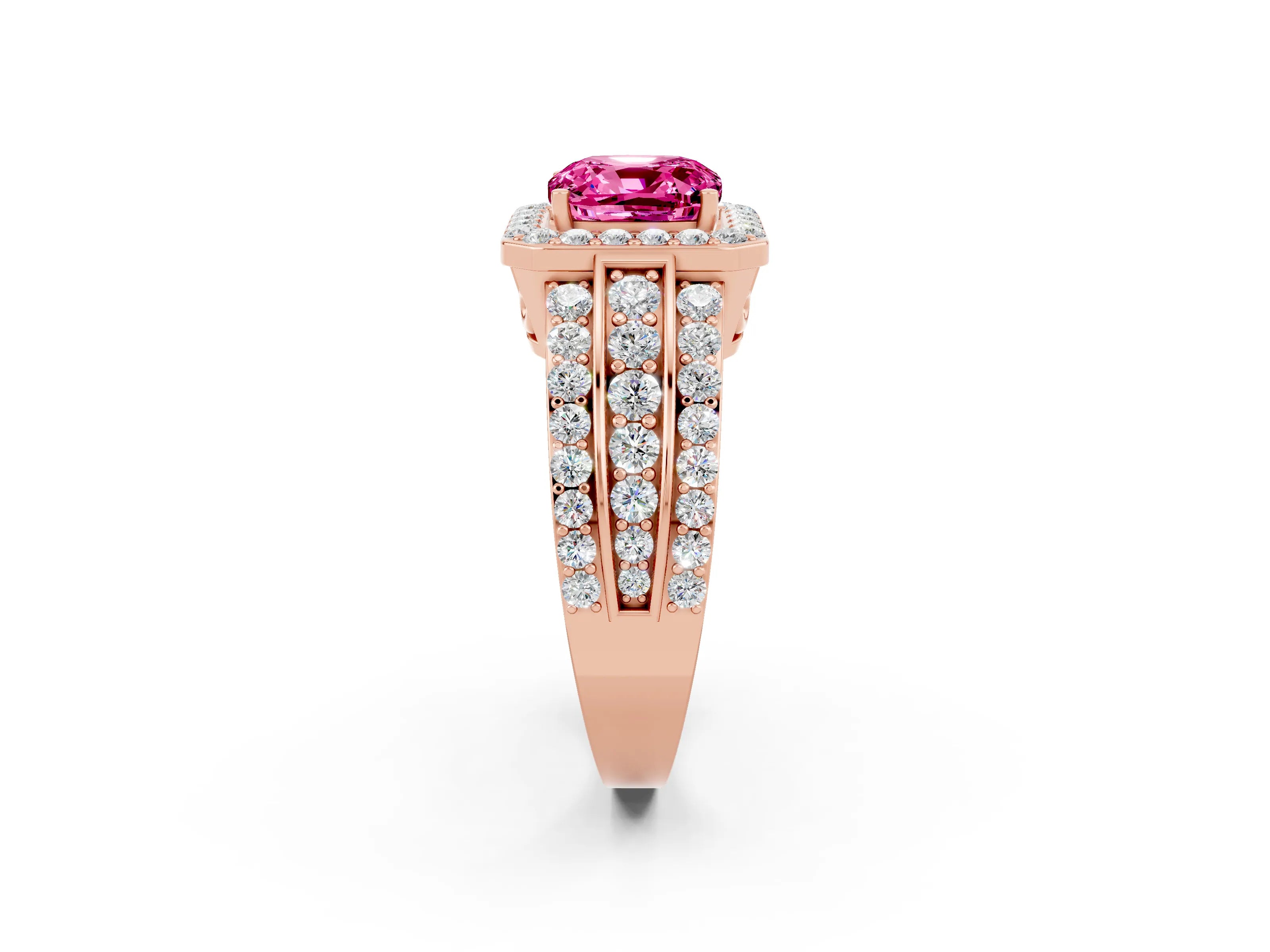 Rose gold Cushion Cut Halo Pink Sapphire Ring with Split Shank and Four-Prong Setting_26
