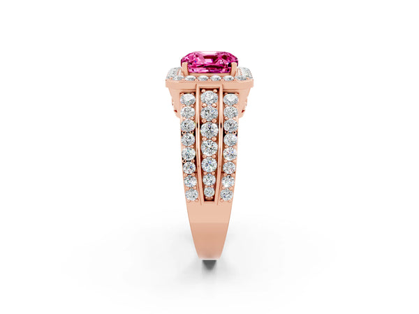 Rose gold Cushion Cut Halo Pink Sapphire Ring with Round  Split Shank and Prong Setting