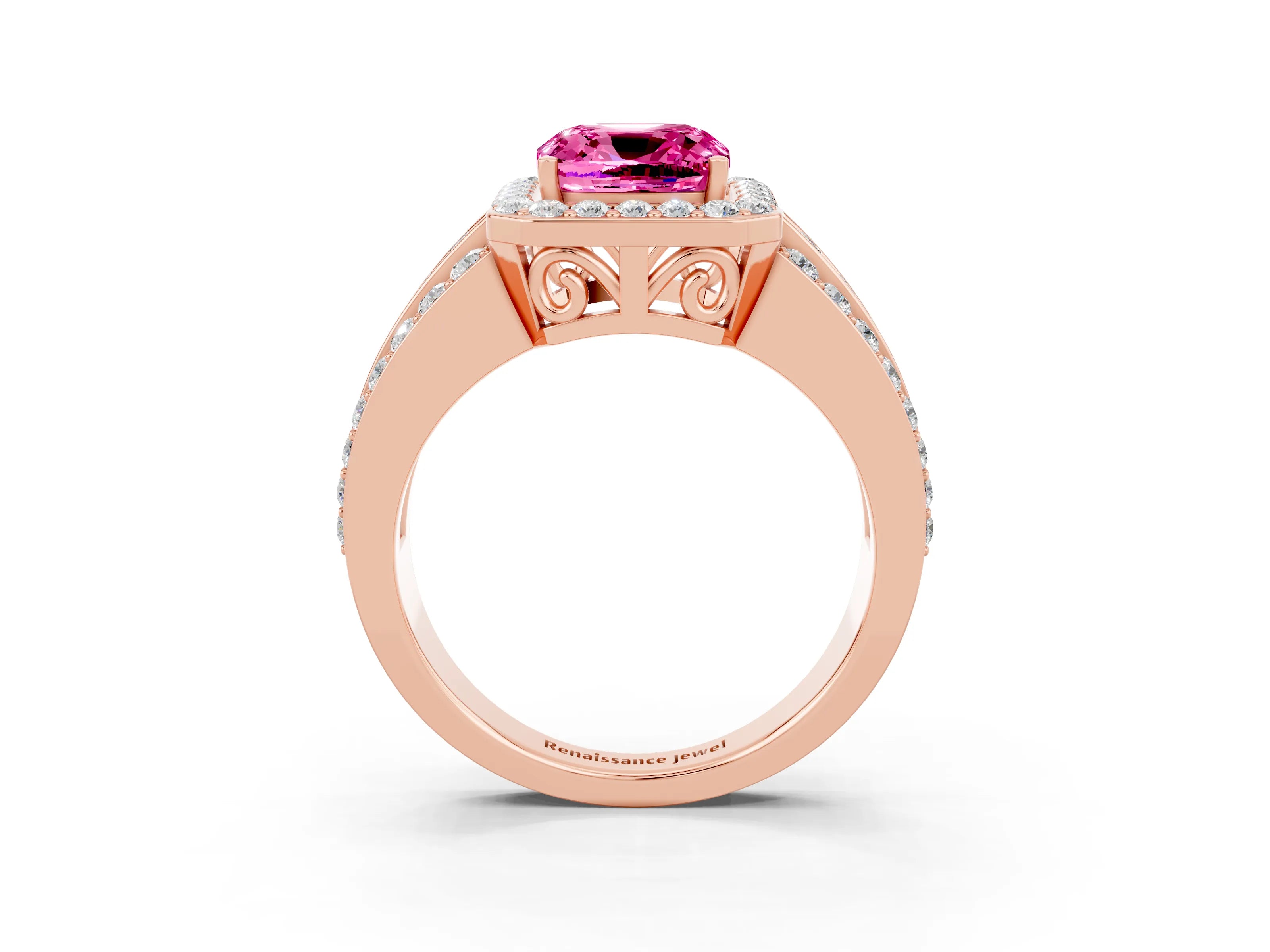 Rose gold Cushion Cut Halo Pink Sapphire Ring with Split Shank and Four-Prong Setting_27