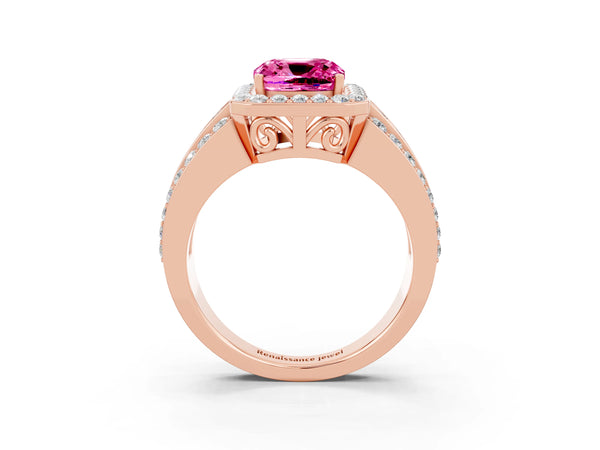 Rose gold Cushion Cut Halo Pink Sapphire Ring with Round  Split Shank and Prong Setting