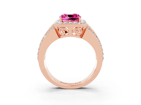 Rose gold Cushion Cut Halo Pink Sapphire Ring with Split Shank and Four-Prong Setting_27