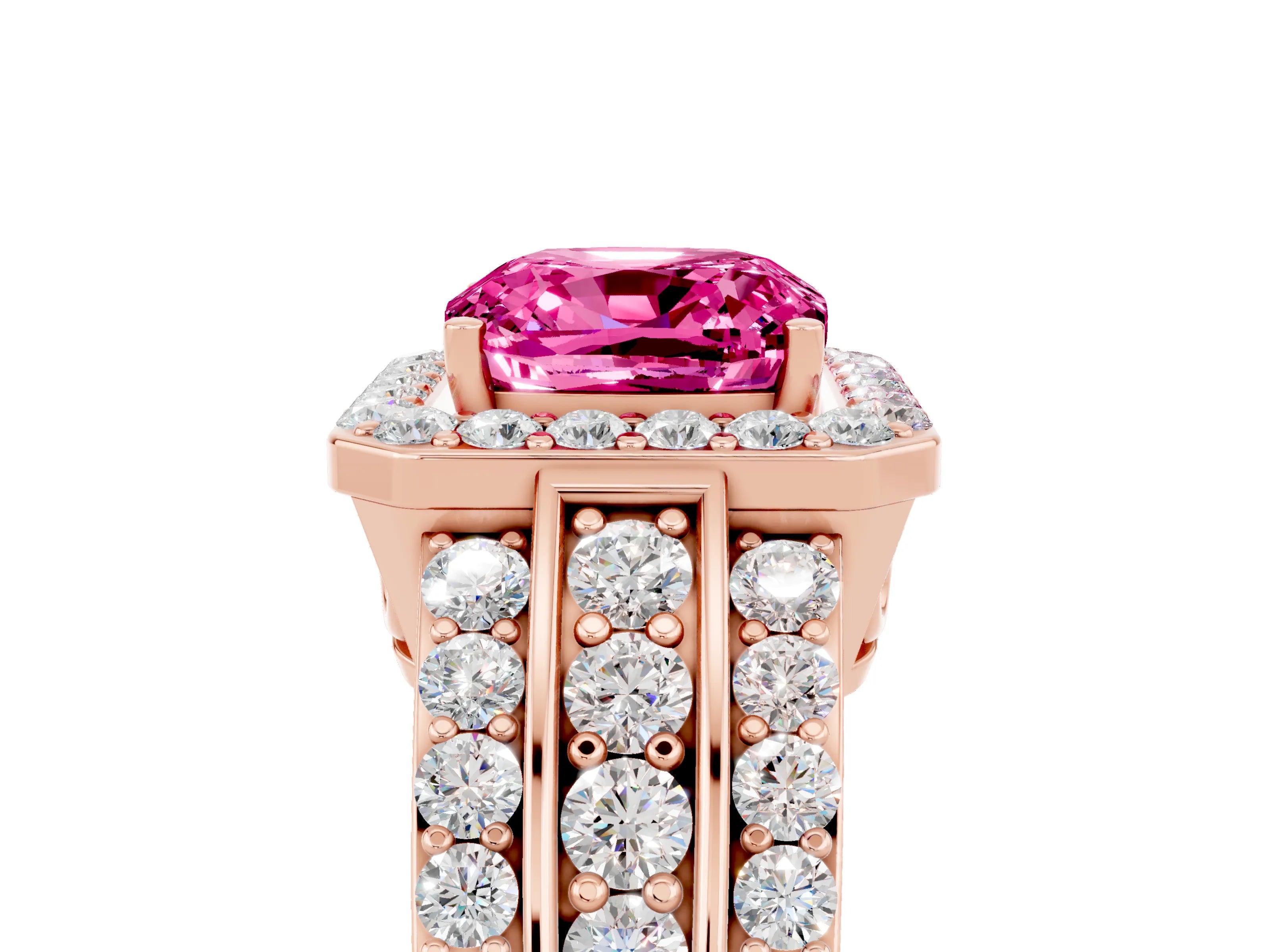 Rose gold Cushion Cut Halo Pink Sapphire Ring with Split Shank and Four-Prong Setting_29