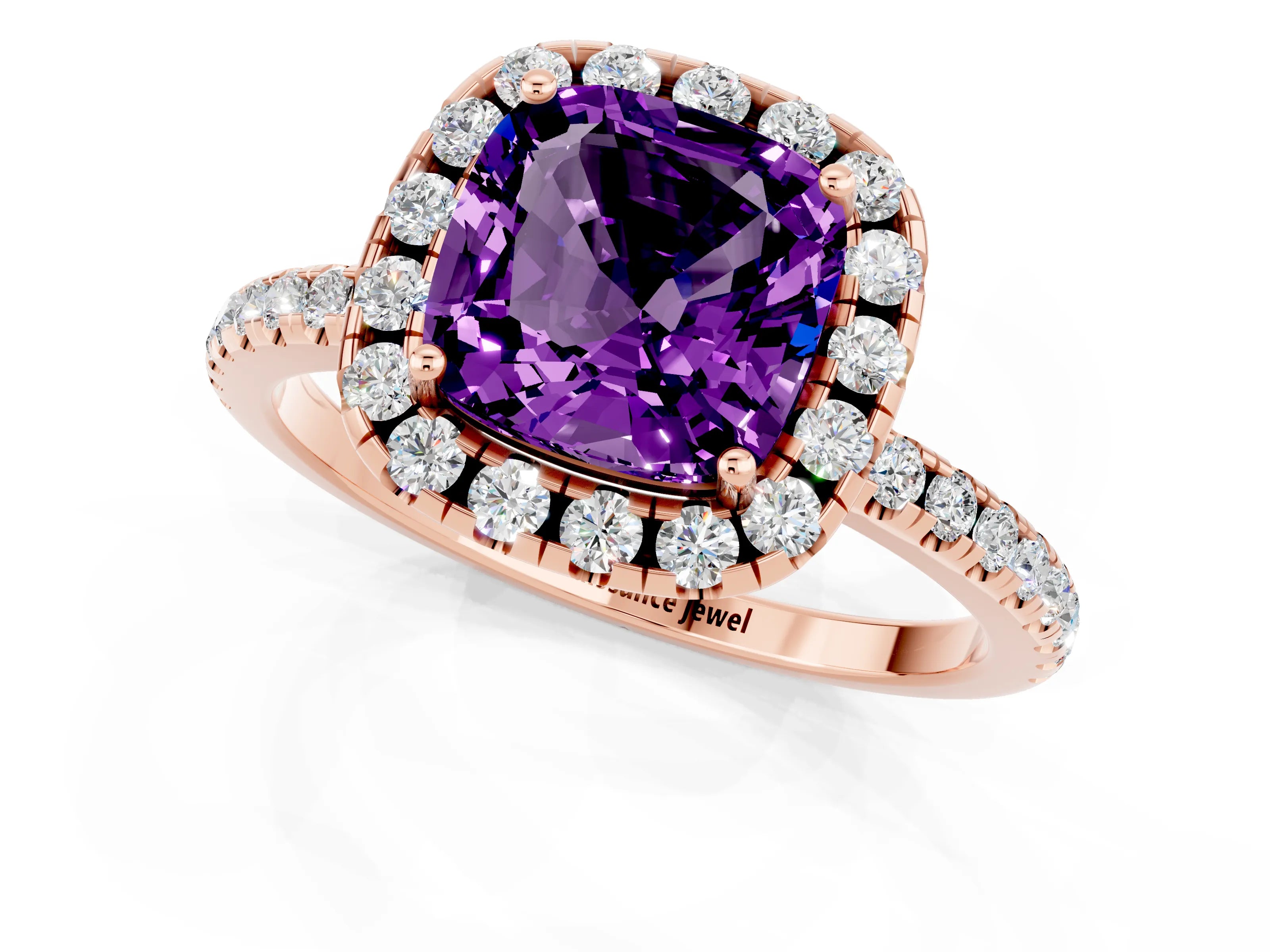 Rose gold Cushion Cut Halo Round Diamond Pavé Band Four-Prong Ring_1