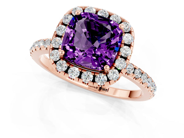 Rose gold Cushion Cut Amethyst Halo Ring with Round Pavé Band and Prong Setting