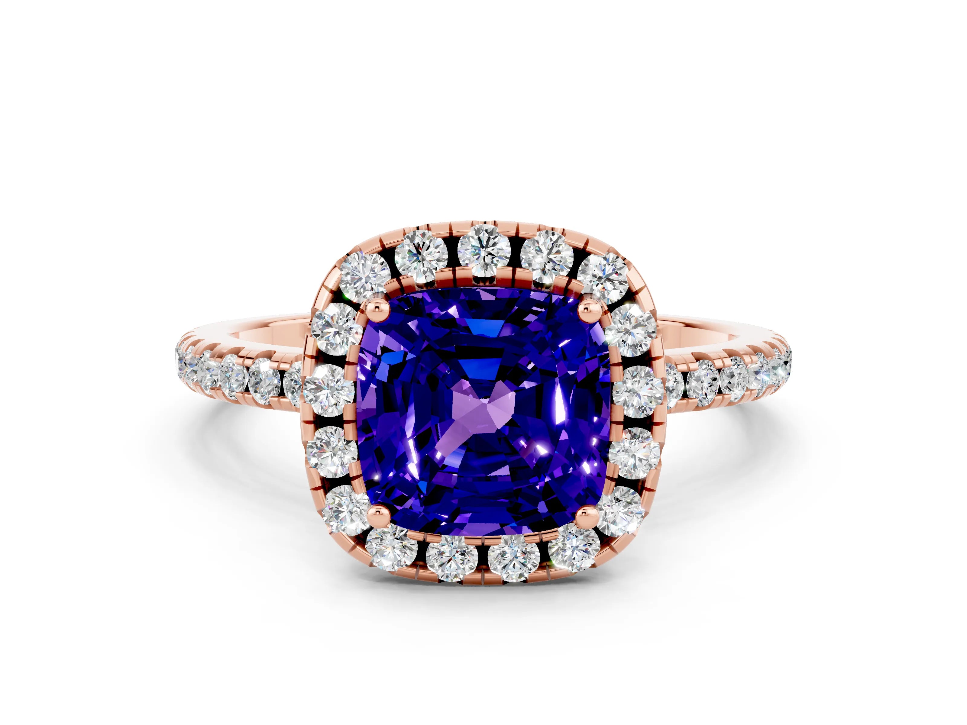 Rose gold Cushion Cut Halo Round Diamond Pavé Band Four-Prong Ring_12