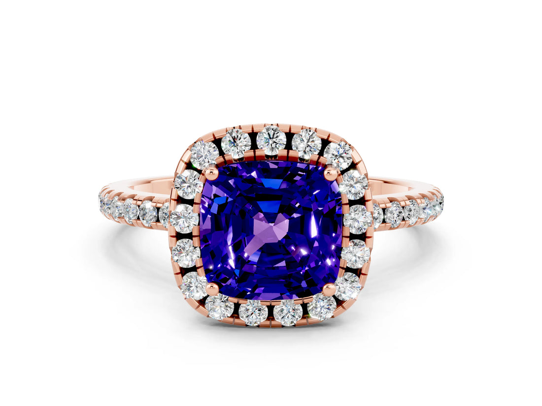Rose gold Cushion Cut Halo Round Diamond Pavé Band Four-Prong Ring_12