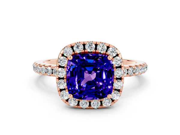 Rose gold Cushion Cut Tanzanite Halo Ring with Round Pavé Band and Prong Setting