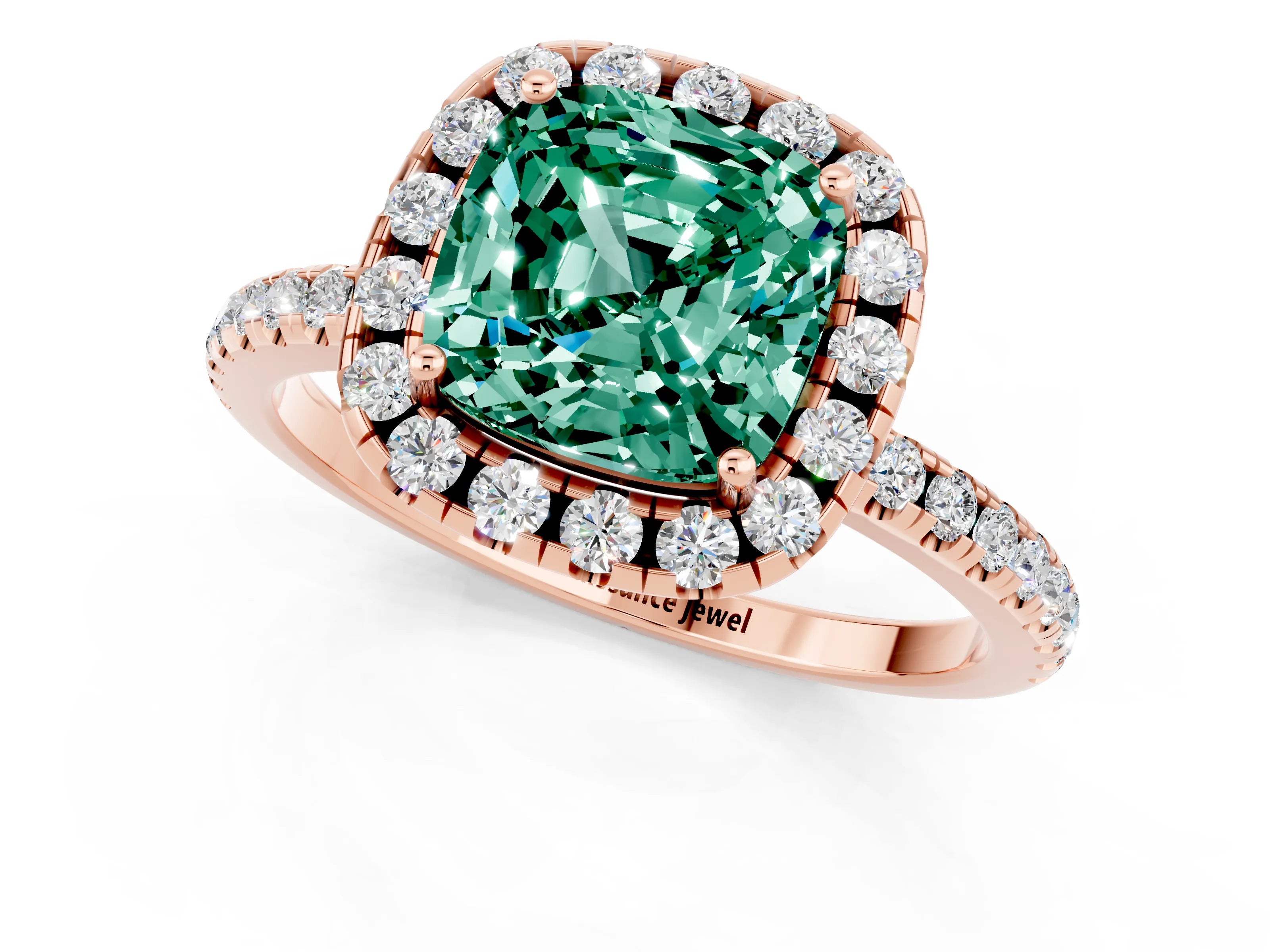Rose gold Cushion Cut Halo Round Diamond Pavé Band Four-Prong Ring_13