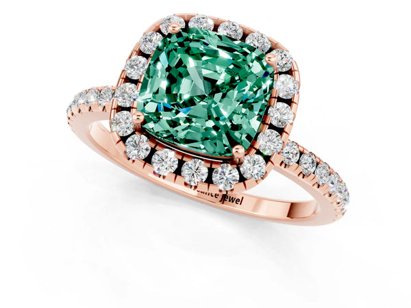 Rose gold Cushion Cut Green Sapphire Halo Ring with Round Pavé Band and Prong Setting