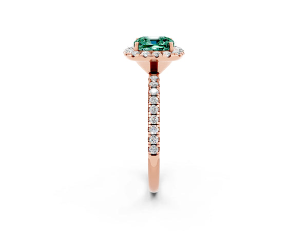 Rose gold Cushion Cut Green Sapphire Halo Ring with Round Pavé Band and Prong Setting