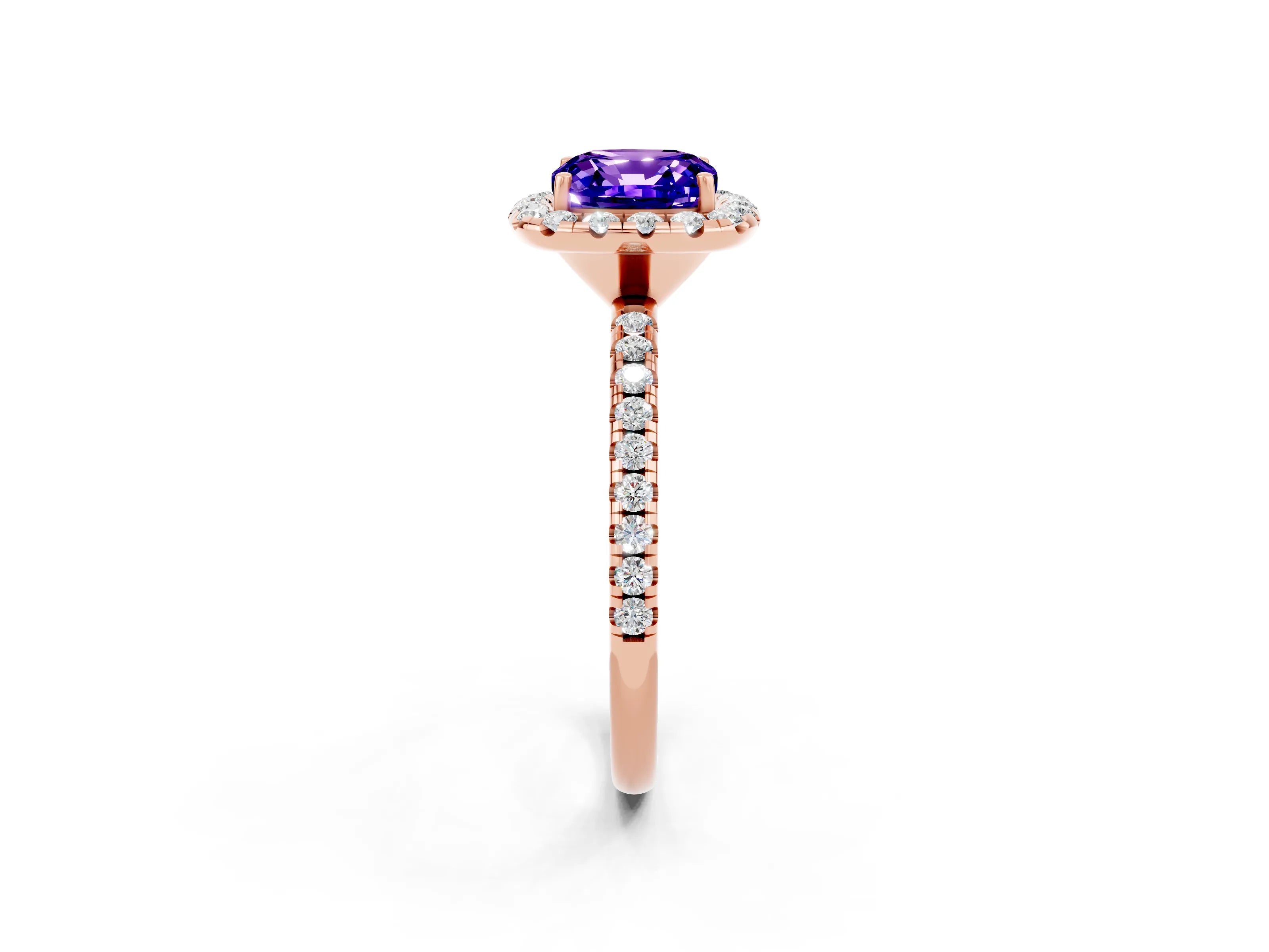 Rose gold Cushion Cut Halo Round Diamond Pavé Band Four-Prong Ring_14