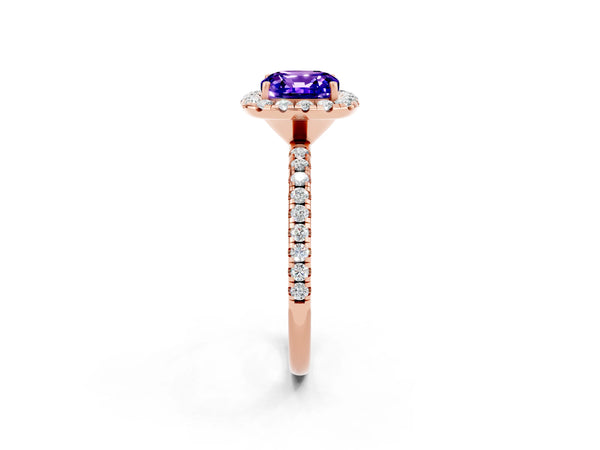 Rose gold Cushion Cut Tanzanite Halo Ring with Round Pavé Band and Prong Setting