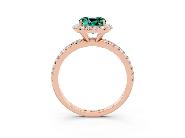 Rose gold Cushion Cut Green Sapphire Halo Ring with Round Pavé Band and Prong Setting