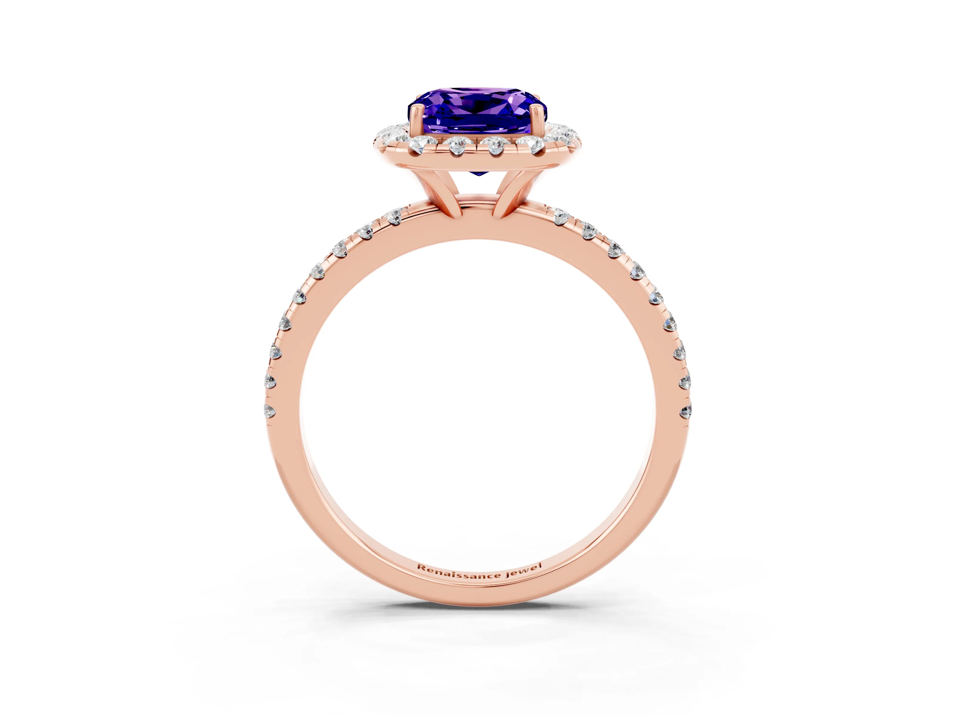 Rose gold Cushion Cut Halo Round Diamond Pavé Band Four-Prong Ring_15