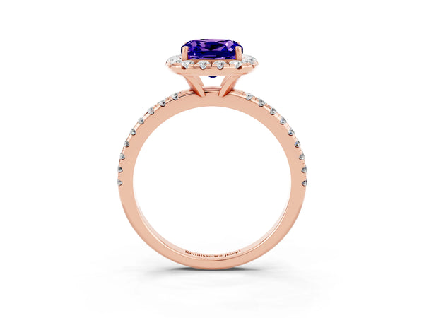 Rose gold Cushion Cut Tanzanite Halo Ring with Round Pavé Band and Prong Setting