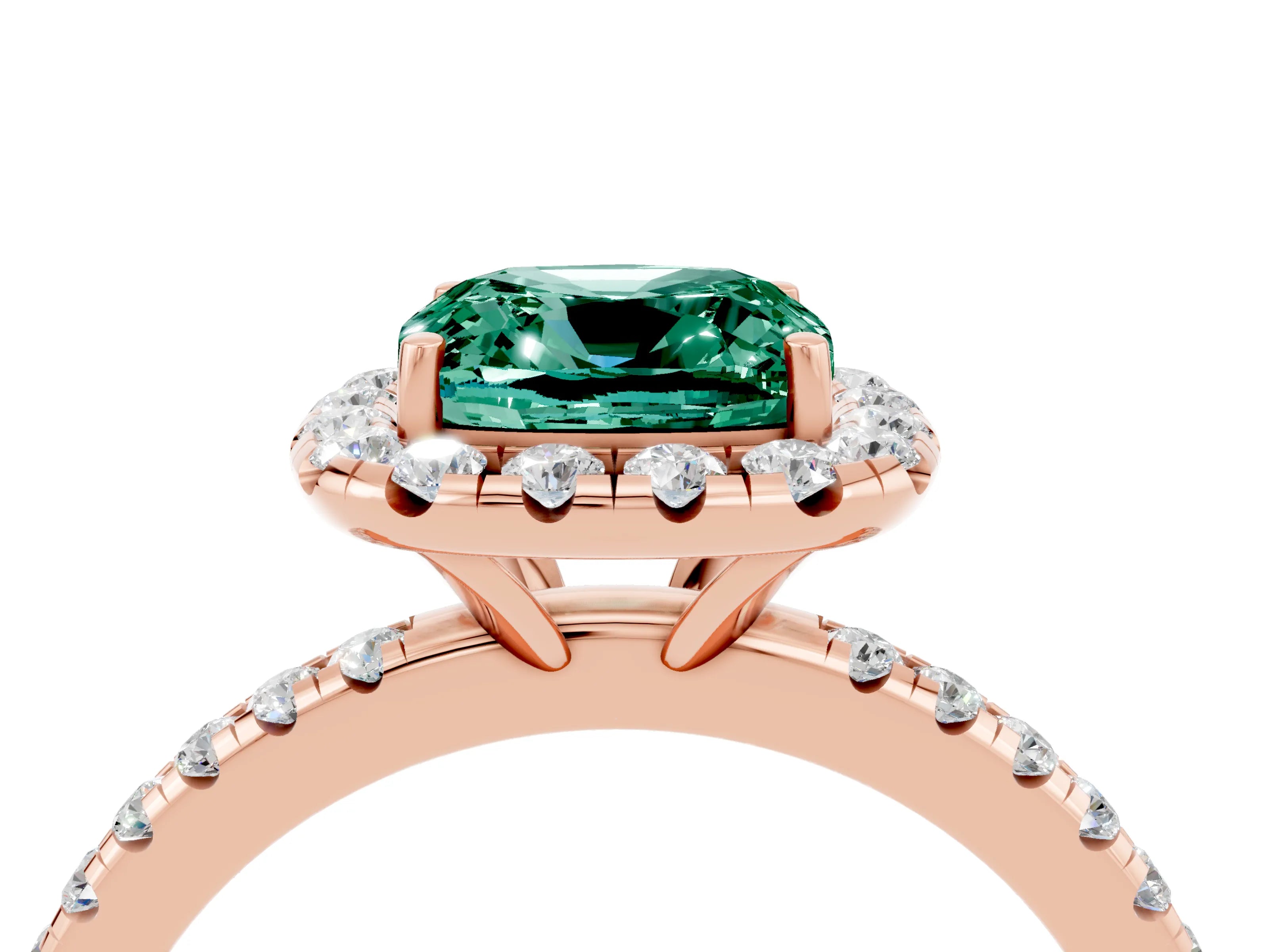 Rose gold Cushion Cut Halo Round Diamond Pavé Band Four-Prong Ring_16
