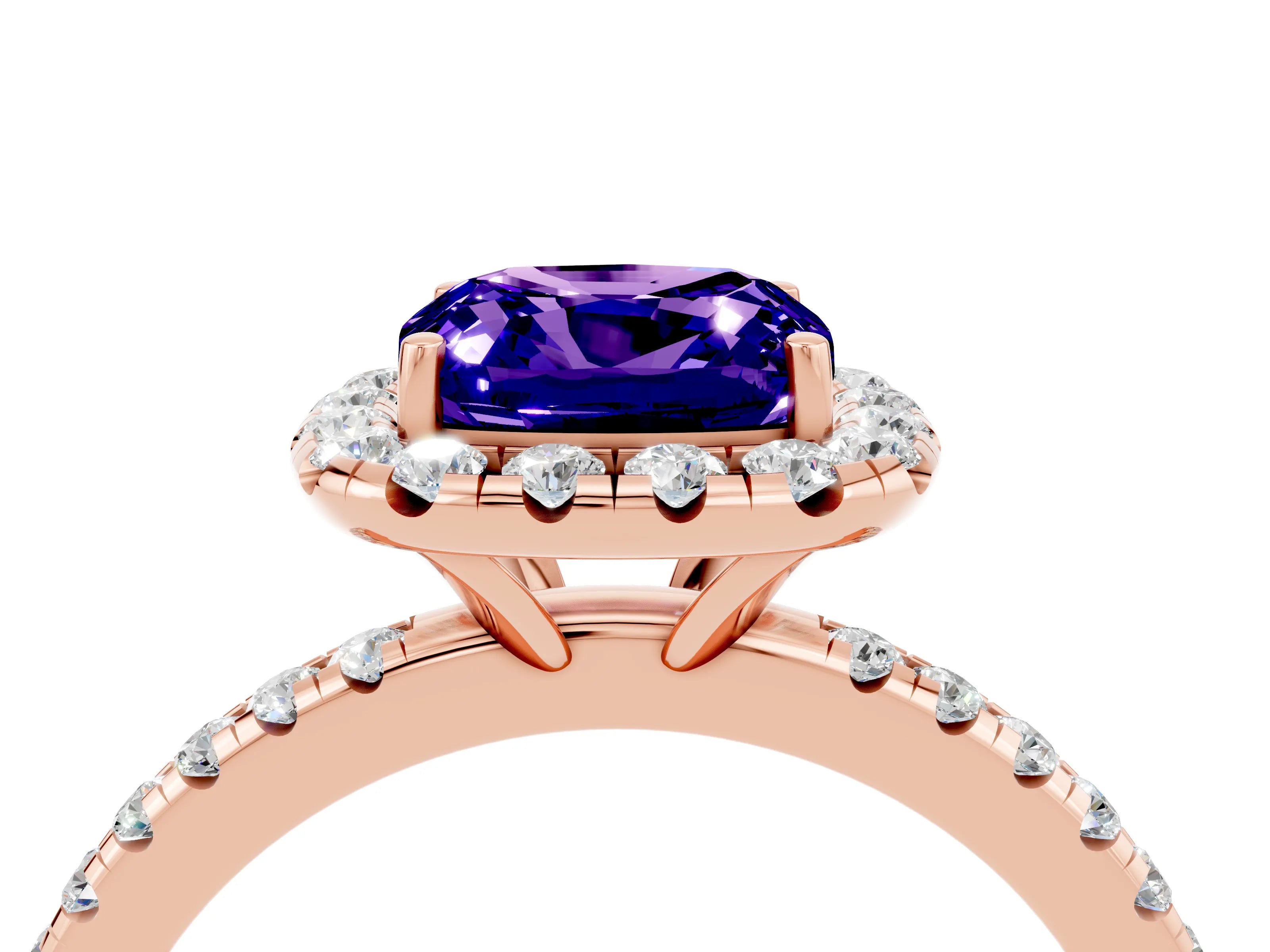 Rose gold Cushion Cut Halo Round Diamond Pavé Band Four-Prong Ring_16