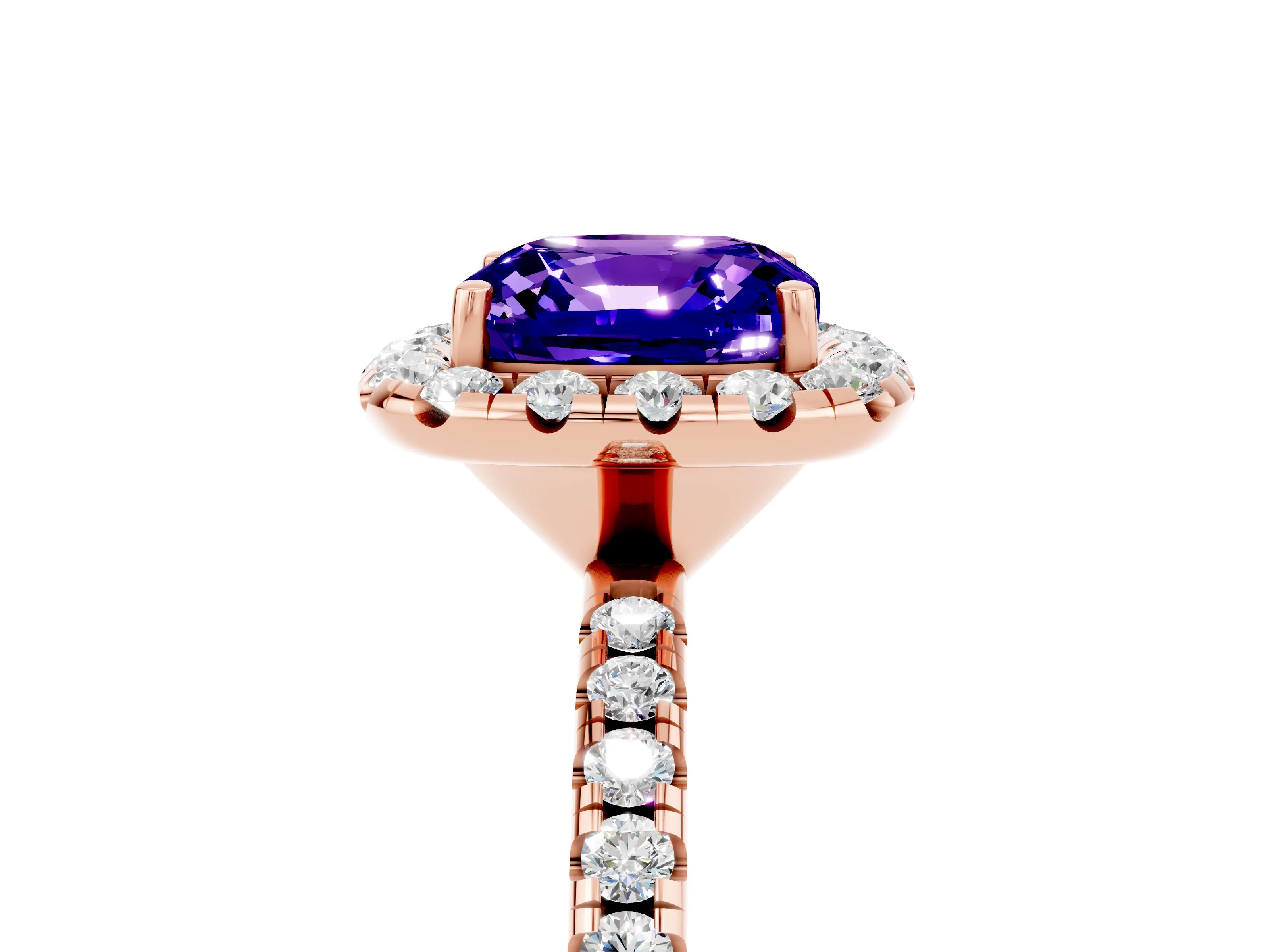 Rose gold Cushion Cut Halo Round Diamond Pavé Band Four-Prong Ring_17