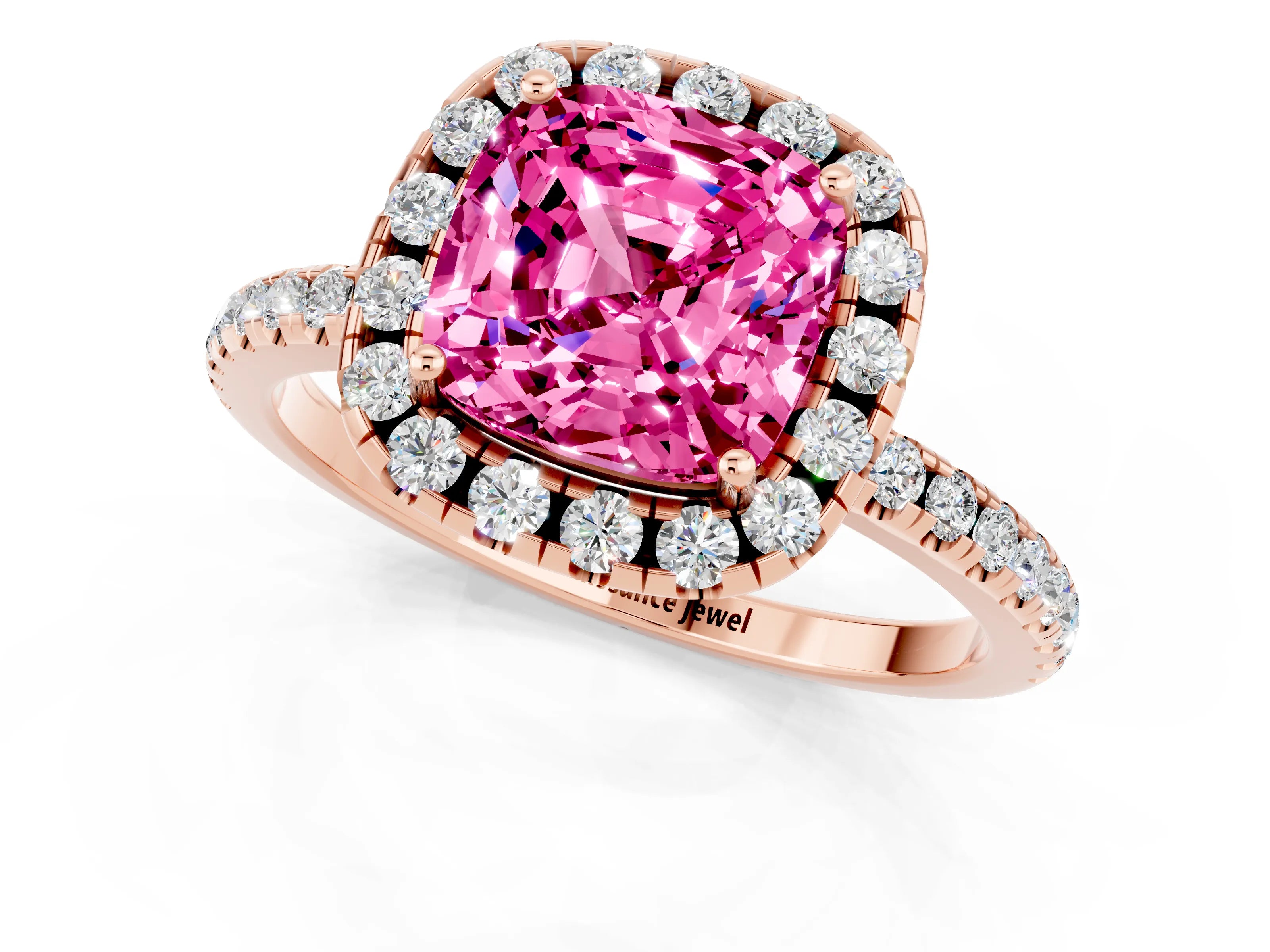 Rose gold Cushion Cut Halo Round Diamond Pavé Band Four-Prong Ring_1