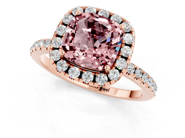 Rose gold Cushion Cut Halo Round Diamond Pavé Band Four-Prong Ring