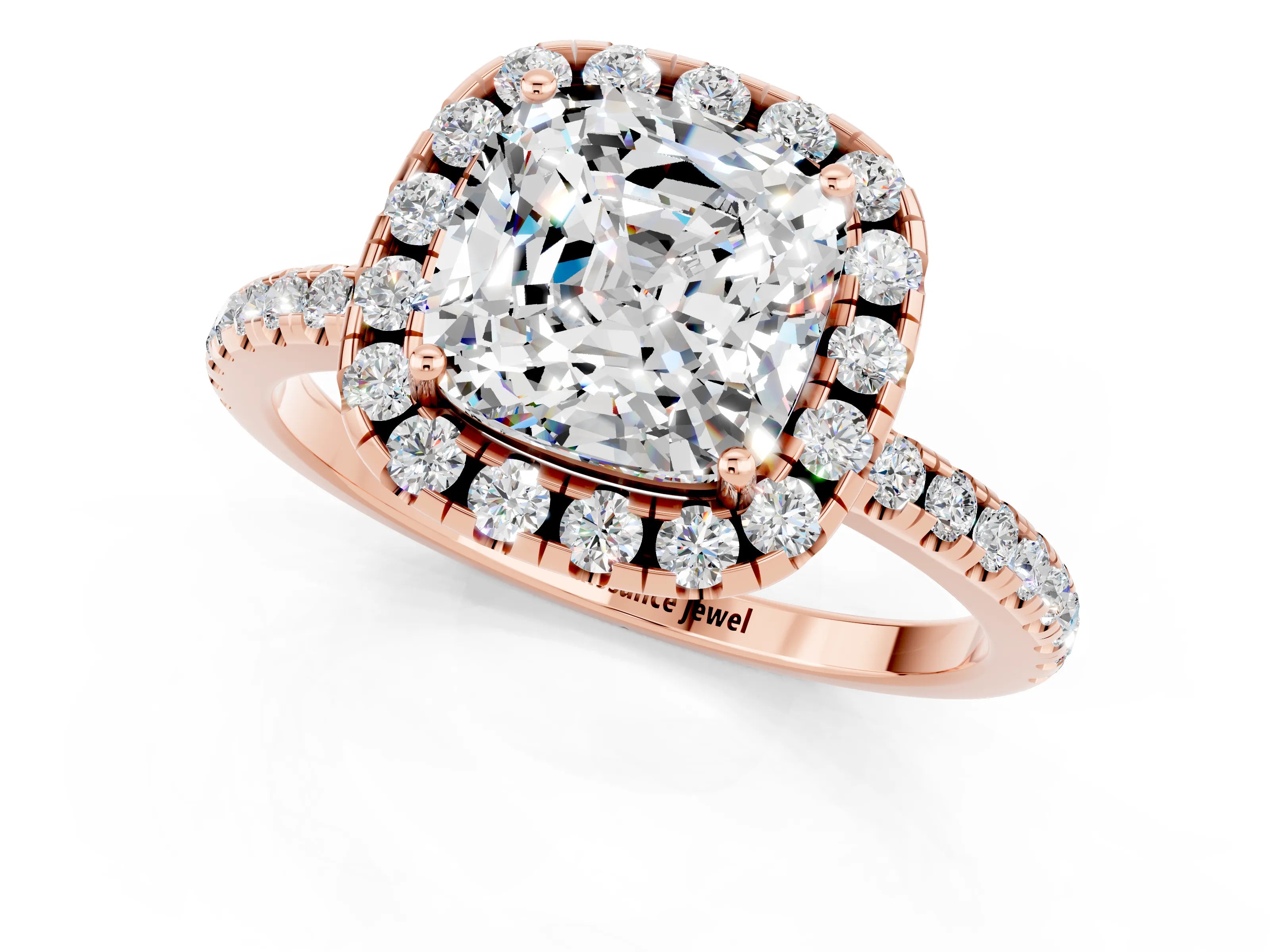 Rose gold Cushion Cut Halo Round Diamond Pavé Band Four-Prong Ring_1