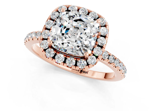 Rose gold Cushion Cut Moissanite Halo Ring with Round Pavé Band and Prong Setting