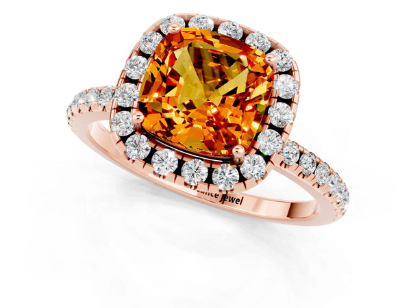 Rose gold Cushion Cut Citrine Halo Ring with Round Pavé Band and Prong Setting