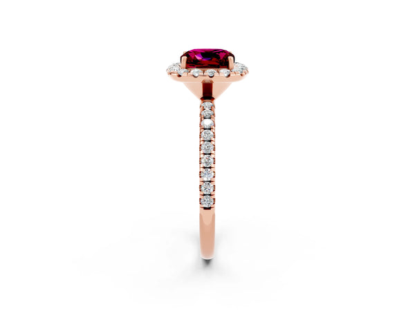 Rose gold Cushion Cut Garnet Halo Ring with Round Pavé Band and Prong Setting