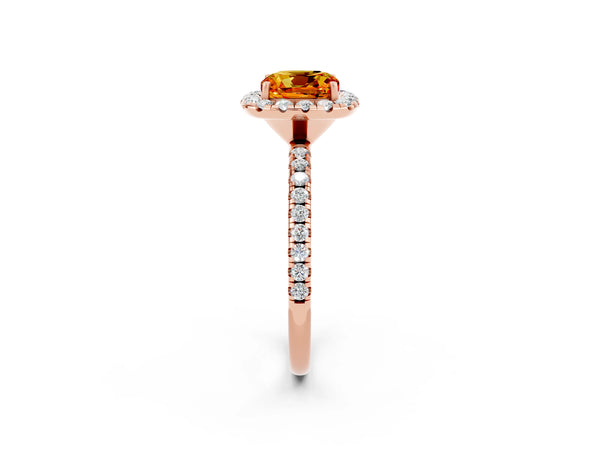 Rose gold Cushion Cut Citrine Halo Ring with Round Pavé Band and Prong Setting
