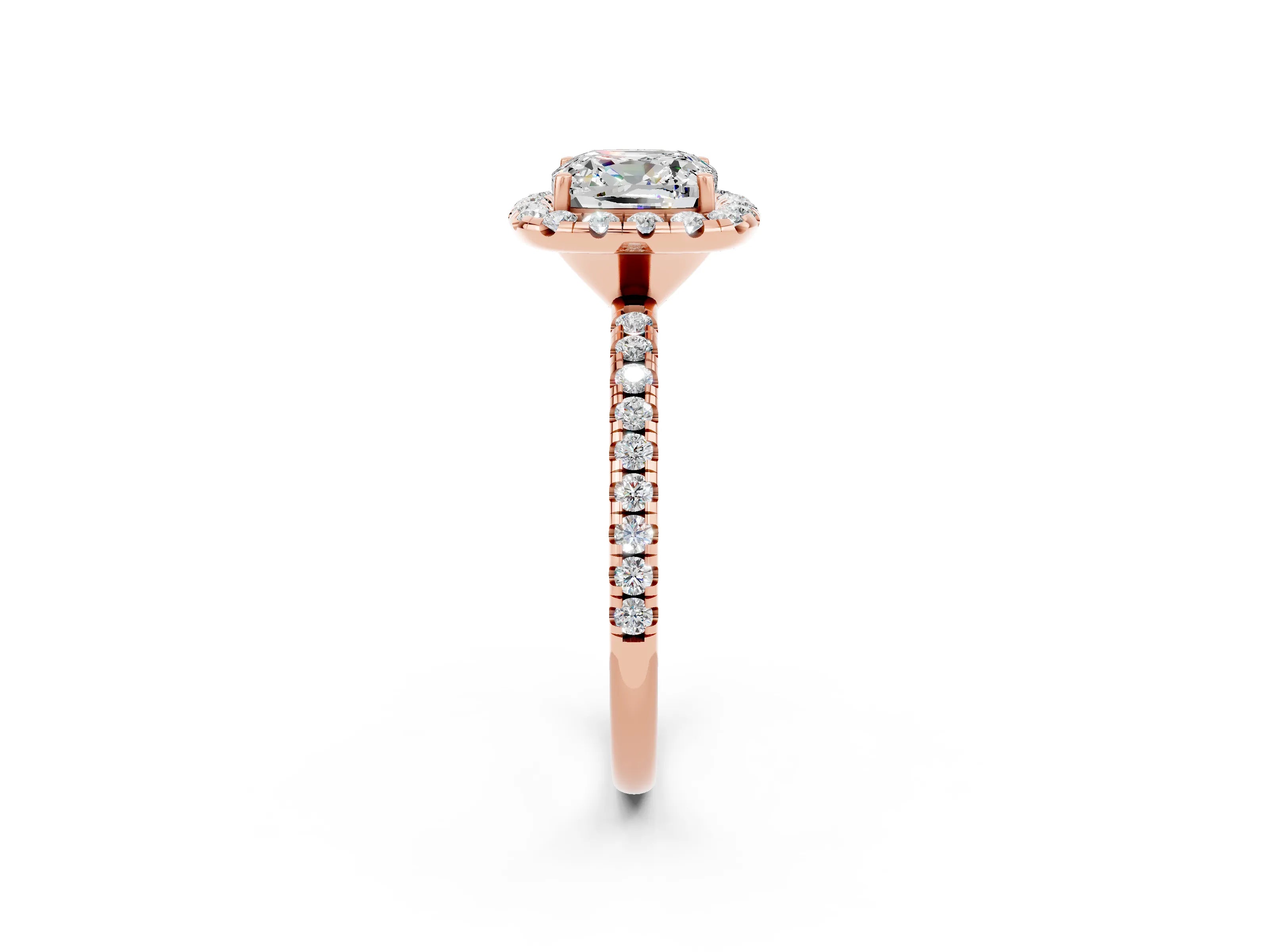 Rose gold Cushion Cut Halo Round Diamond Pavé Band Four-Prong Ring_2