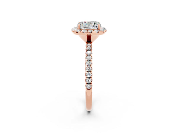 Rose gold Cushion Cut Moissanite Halo Ring with Round Pavé Band and Prong Setting