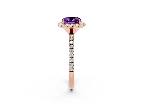Rose gold Cushion Cut Amethyst Halo Ring with Round Pavé Band and Prong Setting