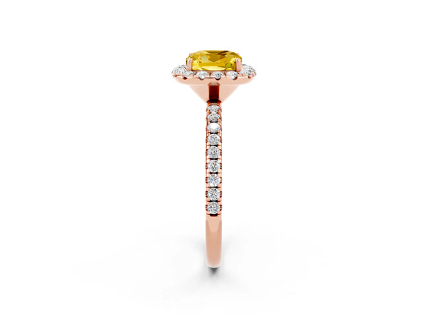 Rose gold Cushion Cut Yellow Sapphire Halo Ring with Round Pavé Band and Prong Setting