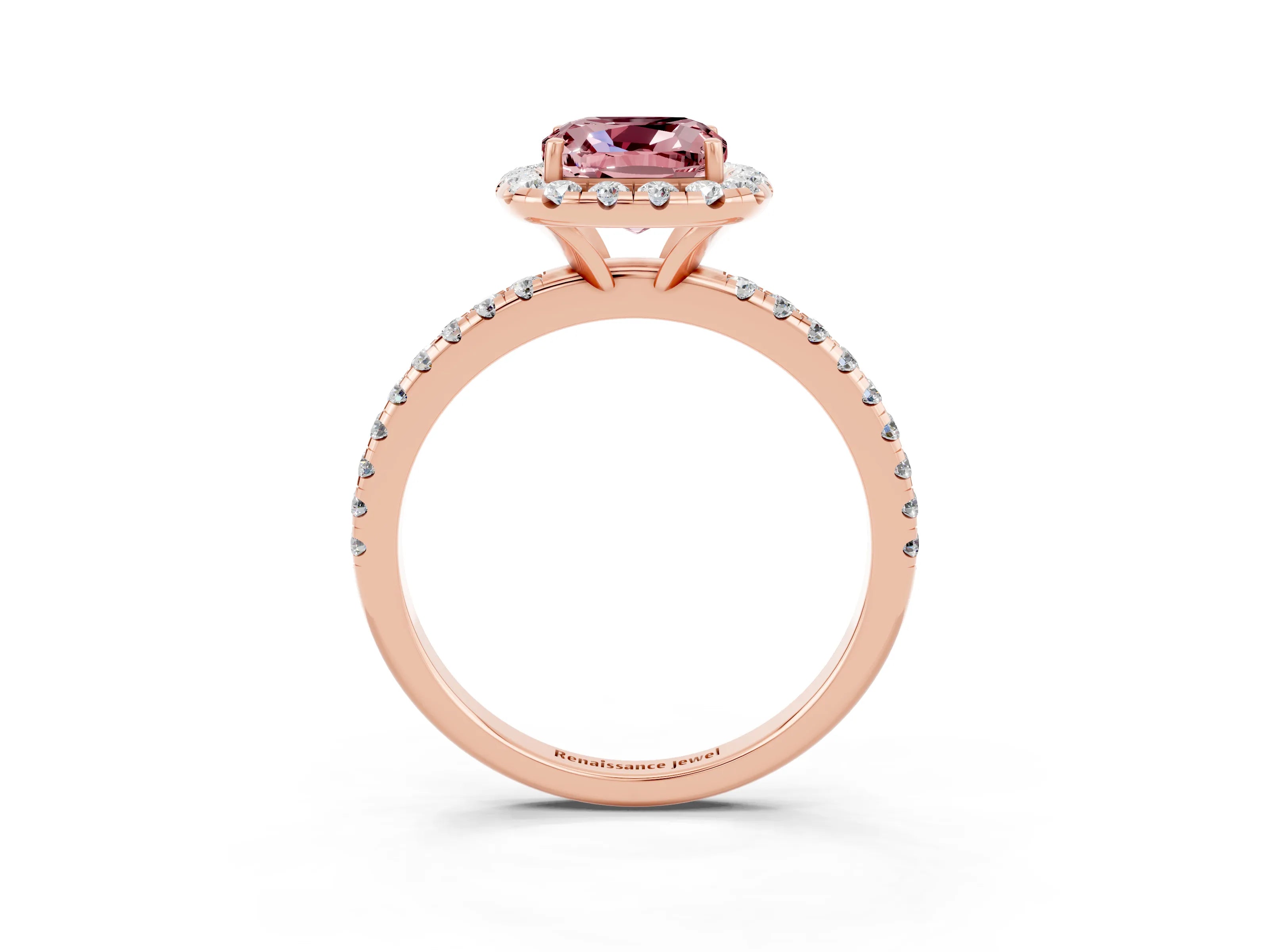 Rose gold Cushion Cut Halo Round Diamond Pavé Band Four-Prong Ring_3