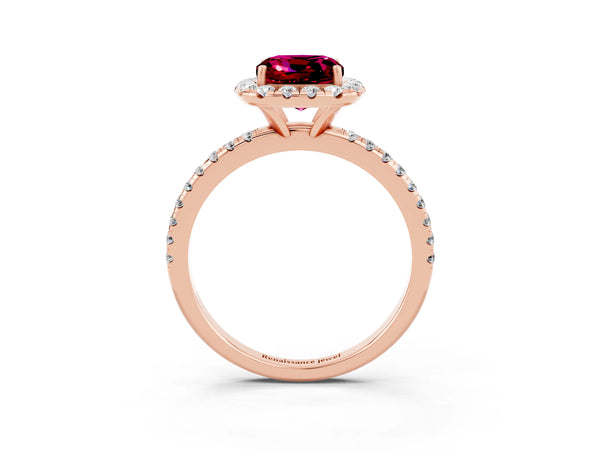 Rose gold Cushion Cut Garnet Halo Ring with Round Pavé Band and Prong Setting