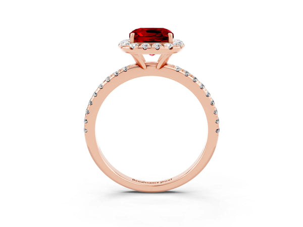 Rose gold Cushion Cut Halo Round Diamond Pavé Band Four-Prong Ring