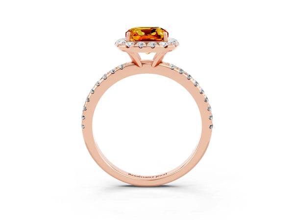 Rose gold Cushion Cut Citrine Halo Ring with Round Pavé Band and Prong Setting