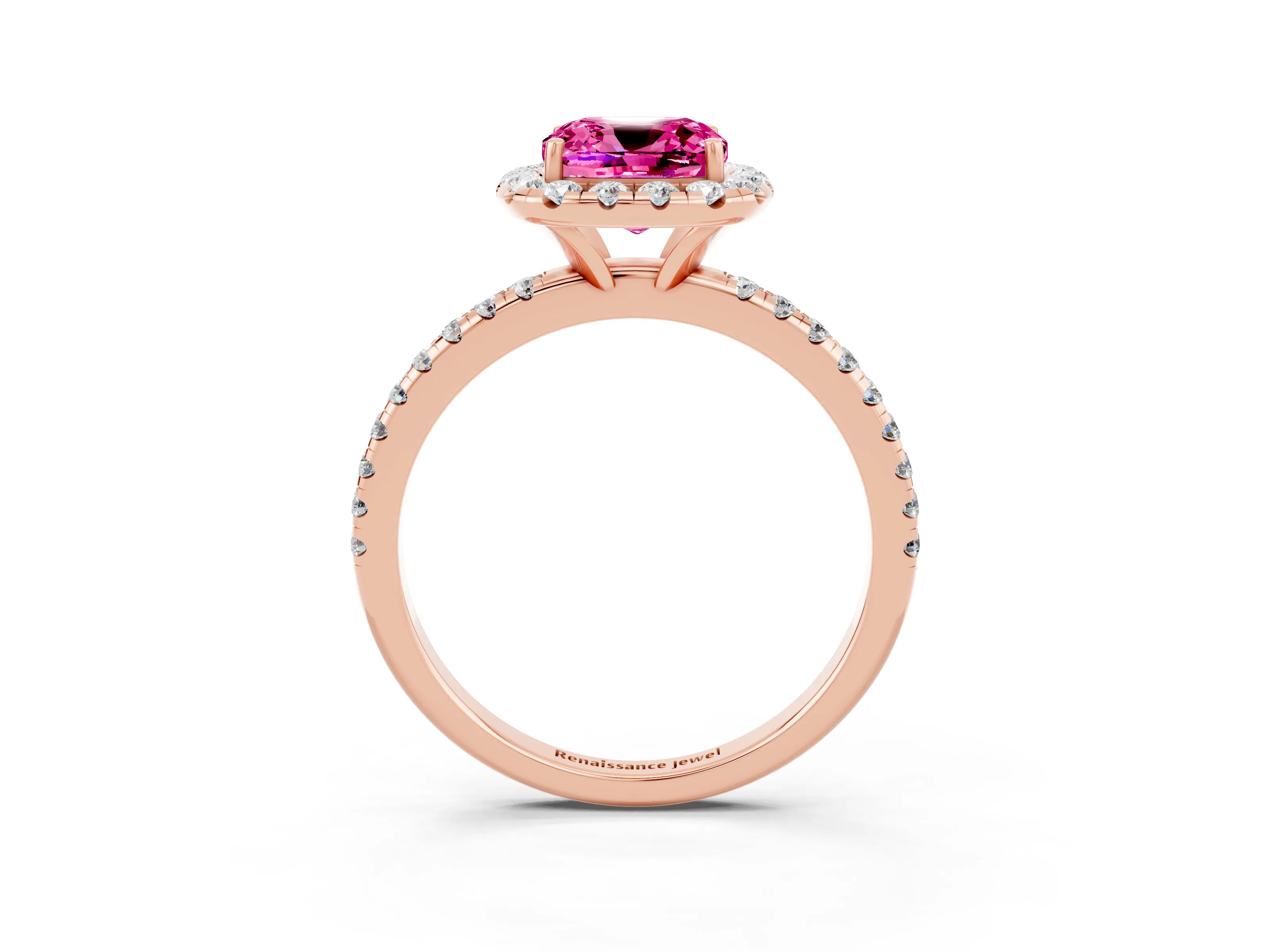 Rose gold Cushion Cut Halo Round Diamond Pavé Band Four-Prong Ring_3