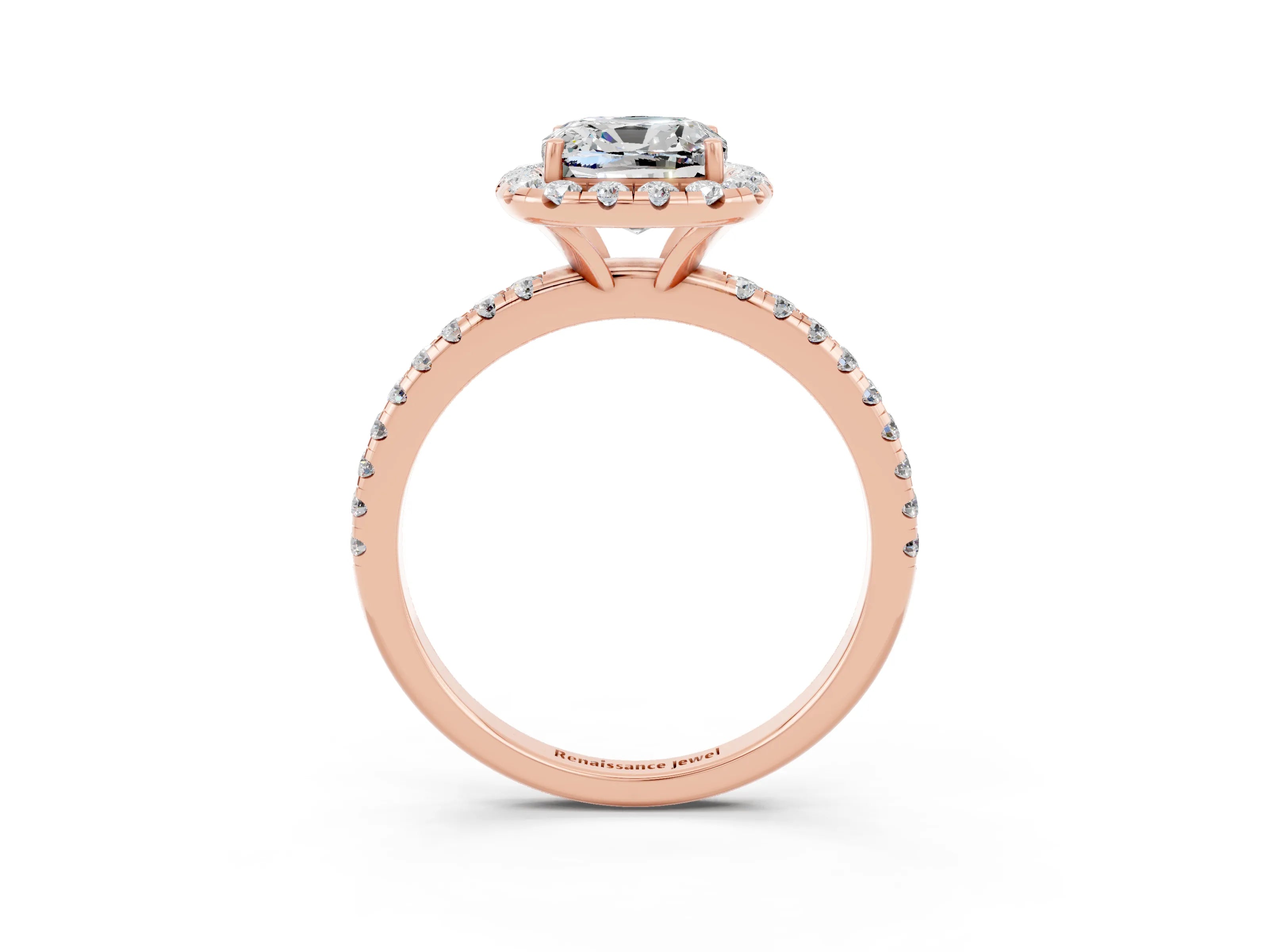 Rose gold Cushion Cut Halo Round Diamond Pavé Band Four-Prong Ring_3
