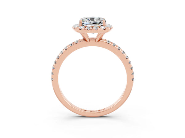 Rose gold Cushion Cut Moissanite Halo Ring with Round Pavé Band and Prong Setting