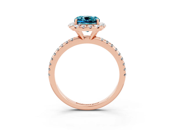 Rose gold Cushion Cut Halo Round Diamond Pavé Band Four-Prong Ring
