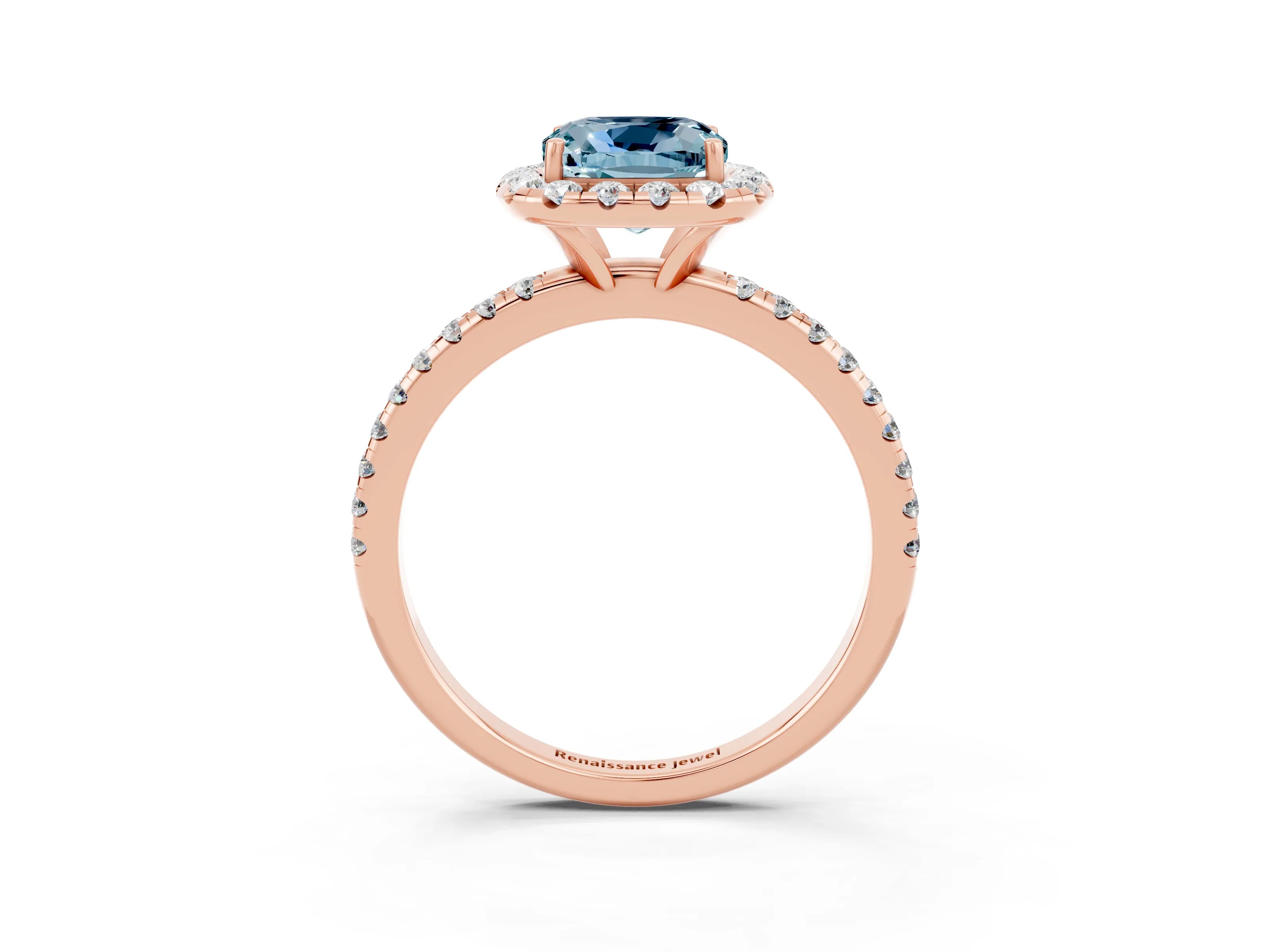 Rose gold Cushion Cut Halo Round Diamond Pavé Band Four-Prong Ring_3