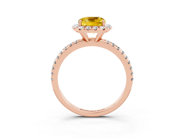 Rose gold Cushion Cut Yellow Sapphire Halo Ring with Round Pavé Band and Prong Setting