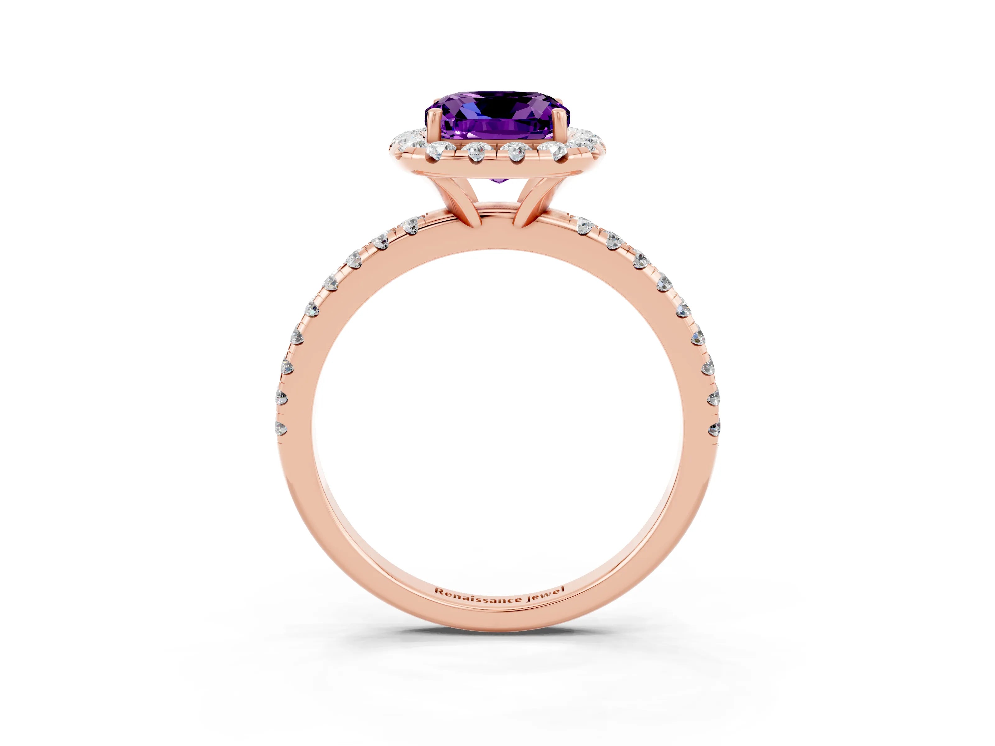 Rose gold Cushion Cut Halo Round Diamond Pavé Band Four-Prong Ring_3