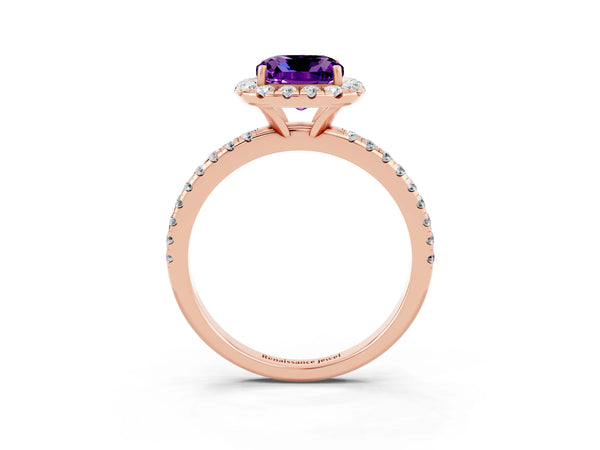 Rose gold Cushion Cut Amethyst Halo Ring with Round Pavé Band and Prong Setting